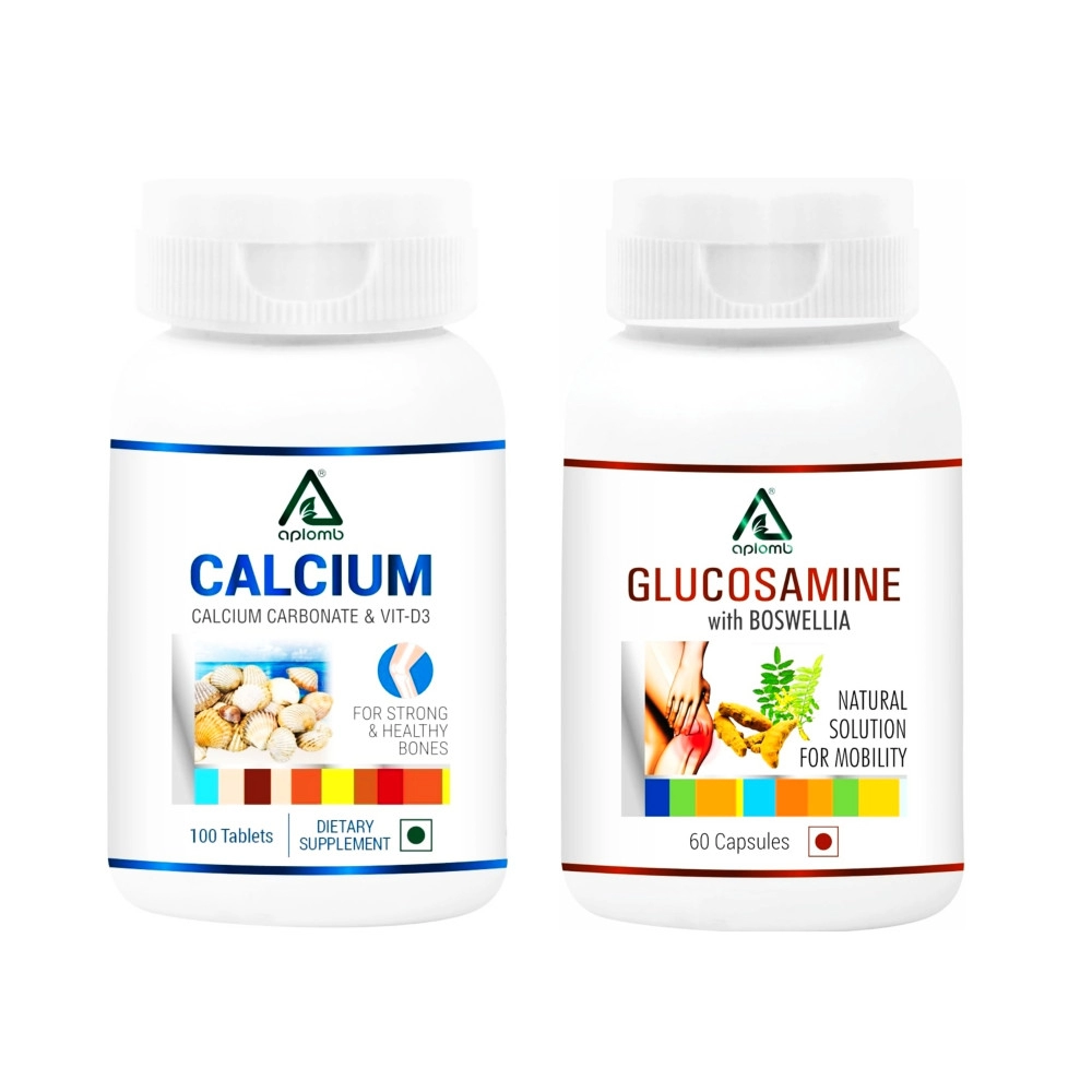 Aplomb Calcium With Vitamin-D3: 625 mg, Organic Source of Calcium, A Complete Bone Health & Joint Support Supplement, for Teens and Adults- 100 Tablets and Aplomb Glucosamine 60 capsules ( pack of 2)