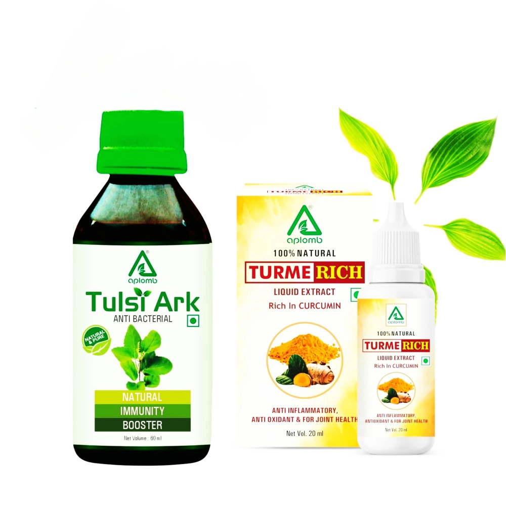 Aplomb Tulsi Ark | Natural Immunity Booster | Whole leaf equal extracts of Rama Shyama and Karpoori Tulsi species | Immunity Booster | Rich in Antioxidants | Relief from cough & cold (60 ml) and APLOMB Turmeric liquid 20ml ( pack of 2)