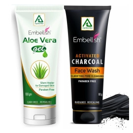 Embellish Charcoal Face Wash Infused With Activated Charcoal  60gm (pack 1)& Embellish Pure and Natural Aloe Vera Gel Moisturises, Nourishes and Hydrates | Soothing gel for Face, Body & Hair | For Men & Women | Multipurpose Gel (100g)pack 1)